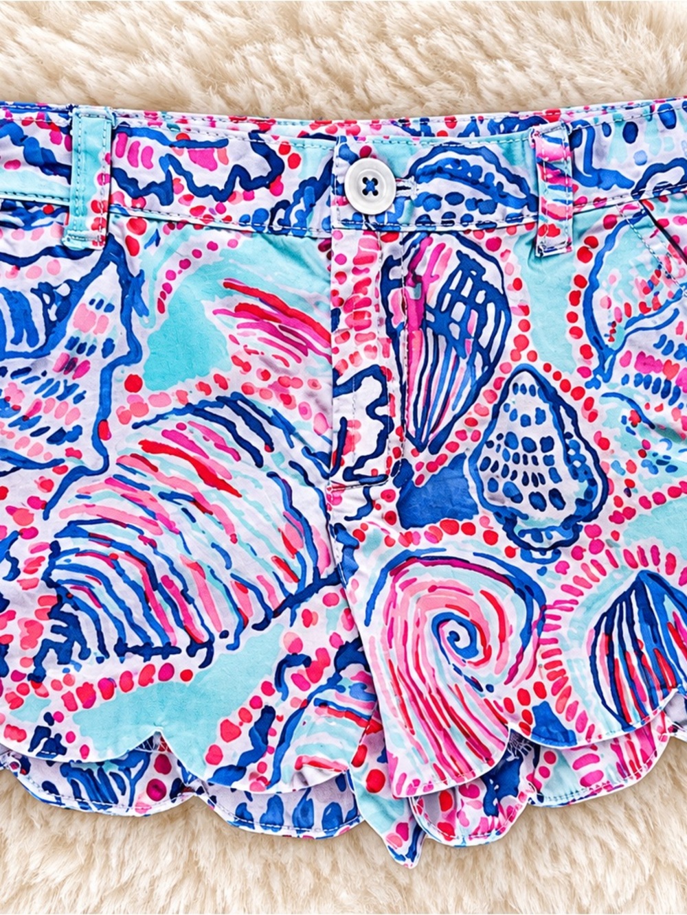 Girls Scallop Hem Printed Shorts - Pink & Blue